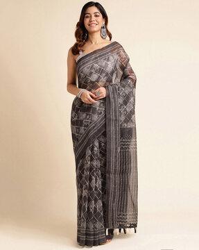 geometric print sareen with tassels