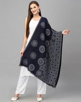 geometric print shawl with fringes