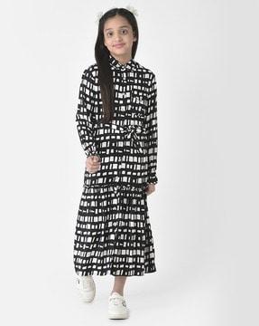 geometric print shirt dress with waist tie-up