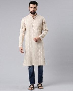 geometric print shirt kurta with patch pocket