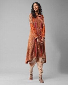 geometric print shirt kurta with step hemline