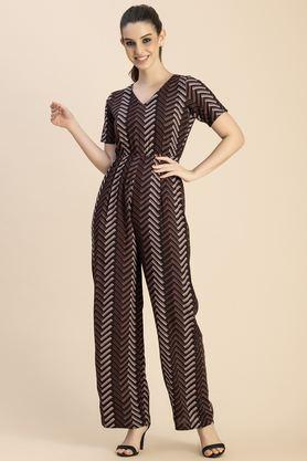 geometric print short sleeves rayon women's full length jumpsuit - black