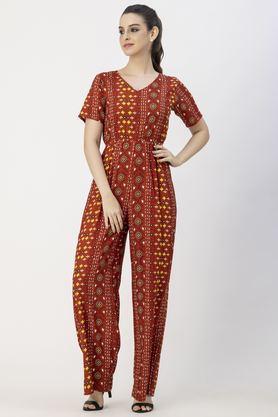 geometric print short sleeves rayon women's full length jumpsuit - brown
