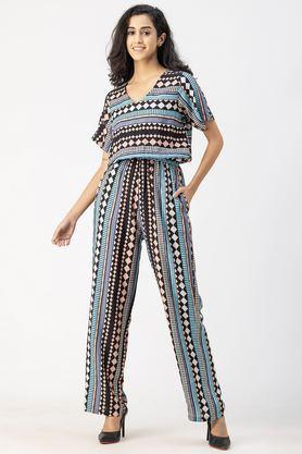 geometric print short sleeves rayon women's full length jumpsuit - multi color