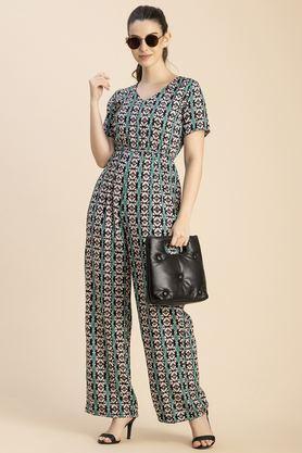 geometric print short sleeves rayon women's full length jumpsuit - teal_green