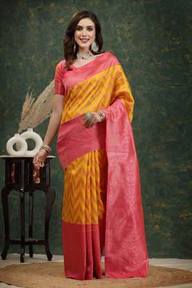 geometric print silk festive wear women's saree - mustard