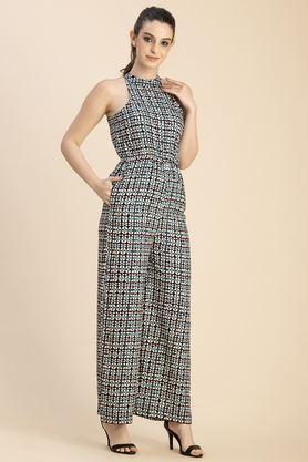 geometric print sleeveless rayon women's full length jumpsuit - black