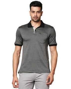 geometric print slim fit polo t-shirt with patch pocket