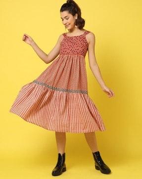 geometric print smocked tiered dress