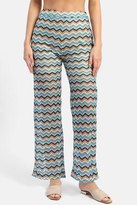 geometric print straight fit polyester women's casual wear trousers - blue