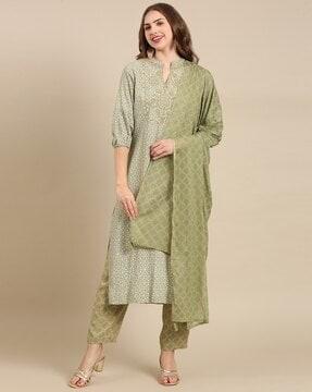 geometric print straight kurta & palazzo with dupatta set