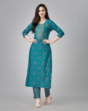 geometric print straight kurta & pants set