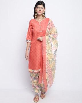 geometric print straight kurta & salwar with dupatta set