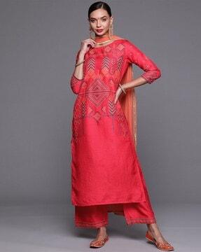 geometric print straight kurta set with dupatta