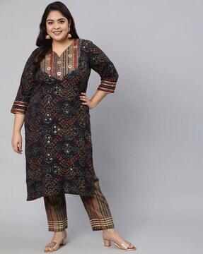 geometric print straight kurta set