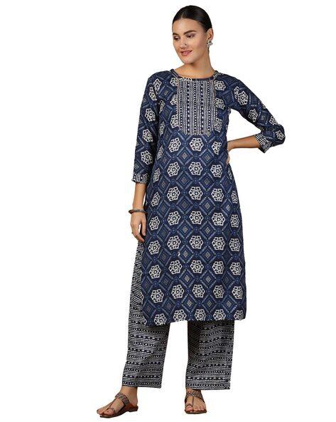 geometric print straight kurta set