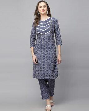 geometric print straight kurta set