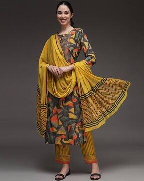 geometric print straight kurta set