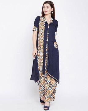 geometric print straight kurta set