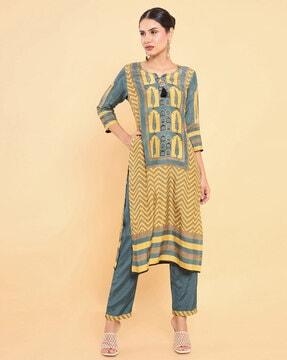 geometric print straight kurta set