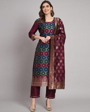 geometric print straight kurta set