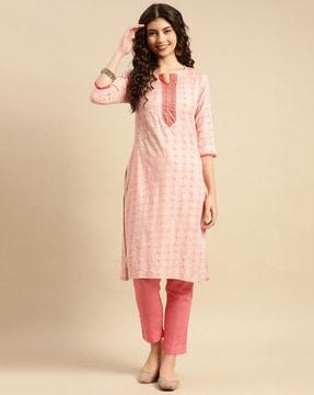 geometric print straight kurta set