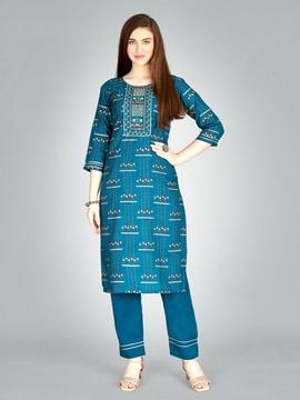 geometric print straight kurta set