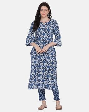 geometric print straight kurta set