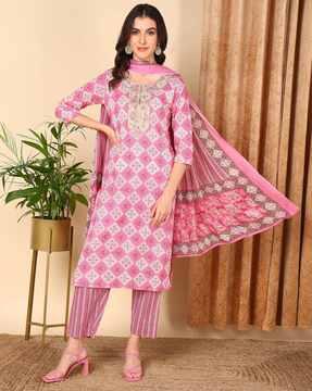 geometric print straight kurta set