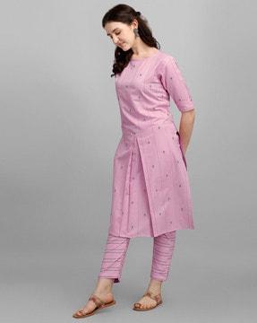 geometric print straight kurta suit set