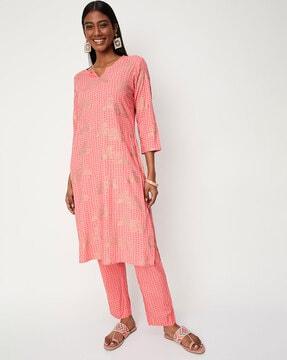 geometric print straight kurta suit set