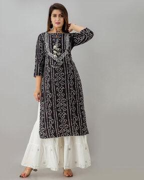 geometric print straight kurta suit set