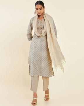 geometric print straight kurta suit set