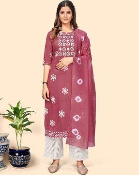 geometric print straight kurta suit set