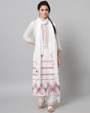 geometric print straight kurta suit set