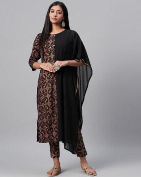 geometric print straight kurta suit set