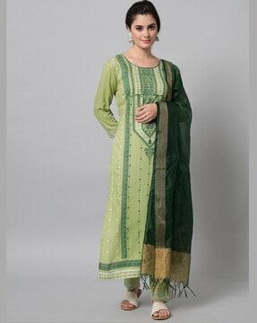 geometric print straight kurta suit set