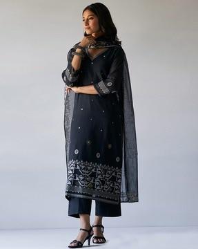 geometric print straight kurta suit set