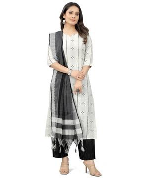 geometric print straight kurta suit set