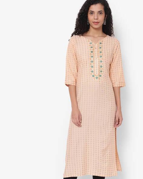 geometric print straight kurta with embroidery