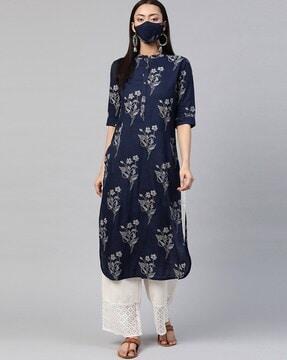 geometric print straight kurta with mask