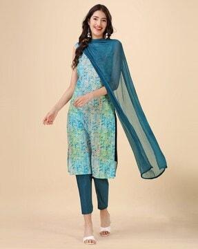 geometric print straight kurta with pants & dupatta