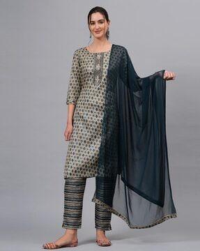 geometric print straight kurta with pants & dupatta