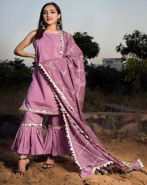 geometric print straight kurta with sharara & dupatta