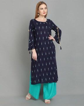 geometric print straight kurta with tassels