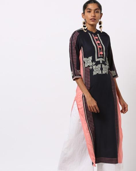 geometric print straight kurta with tassels