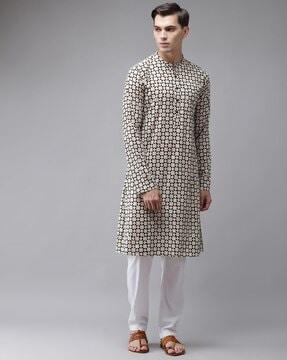 geometric print straight long kurta with patch pocket