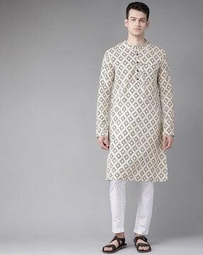 geometric print straight long kurta with patch pocket