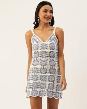 geometric print strappy knitted a-line dress