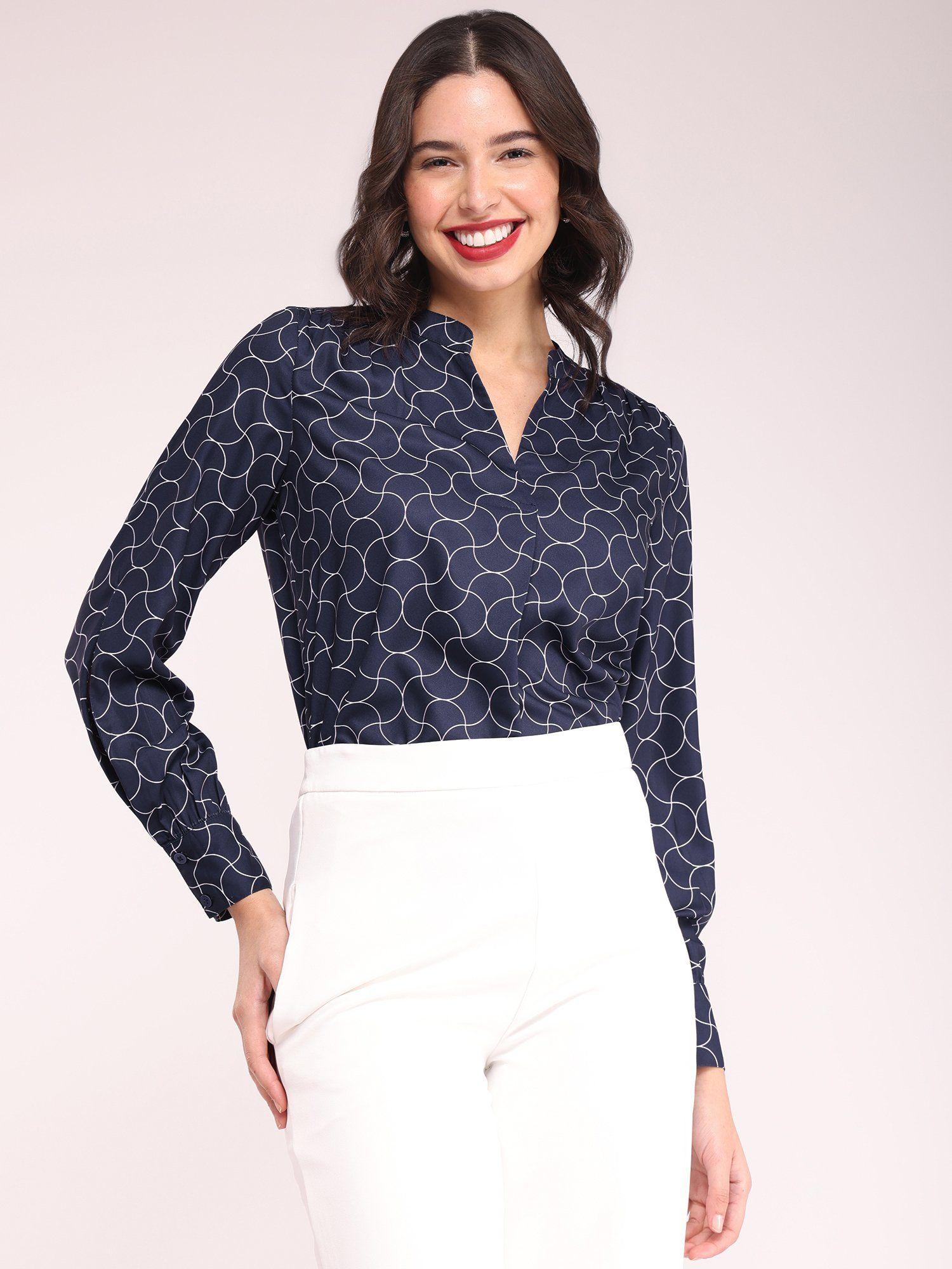 geometric print top - navy blue